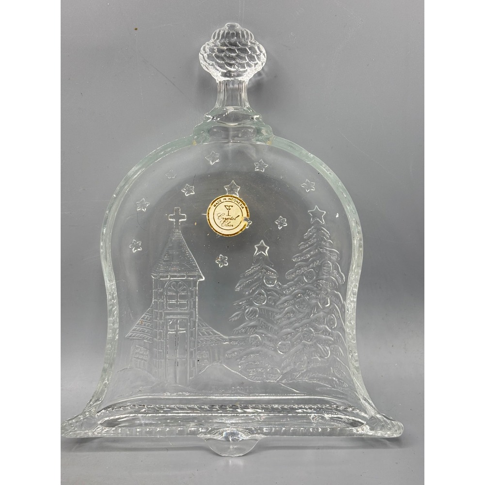 Crystal Clear Glass Bell Christmas Tray Church Tree Embossed Winter Decor 7.25in